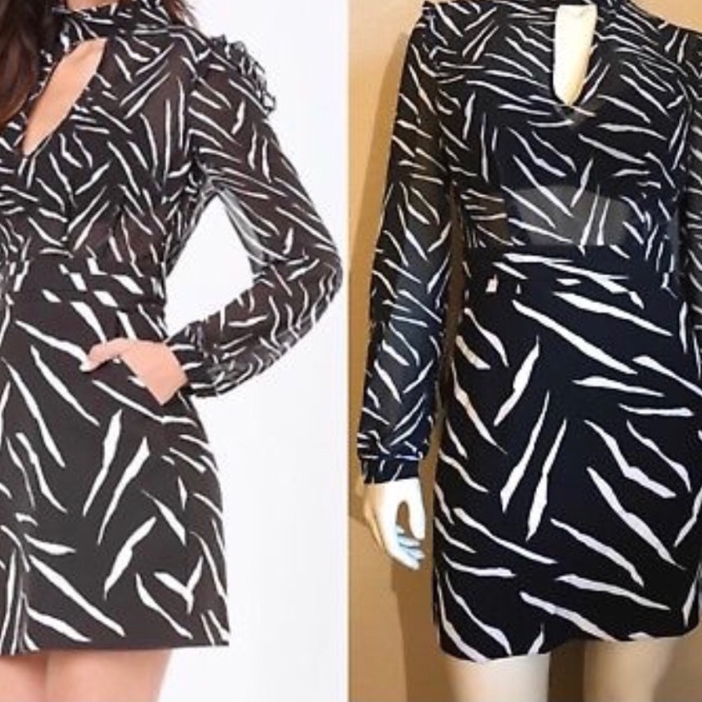Black white sheer top tie neck dress